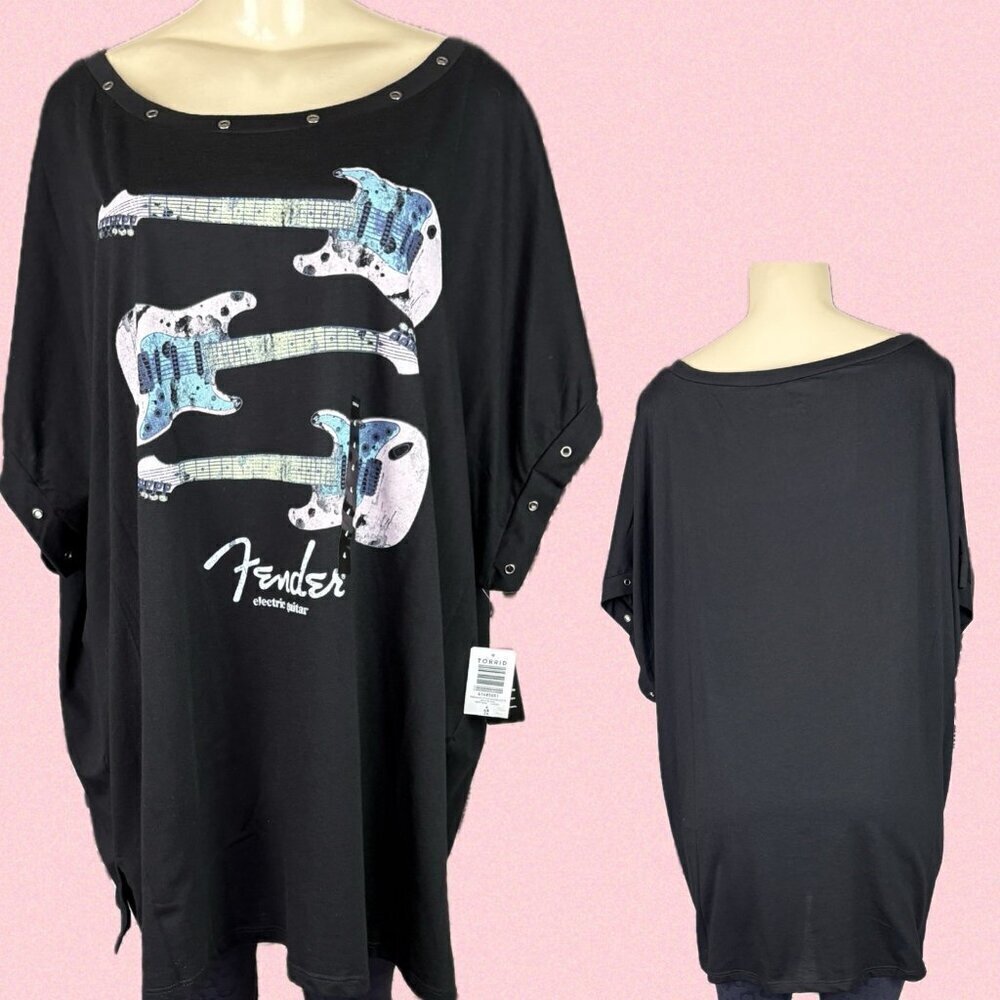 Fender +4 Black Electric Guitar Graphic Grommet Accent Dolman Short Sleeve Tee